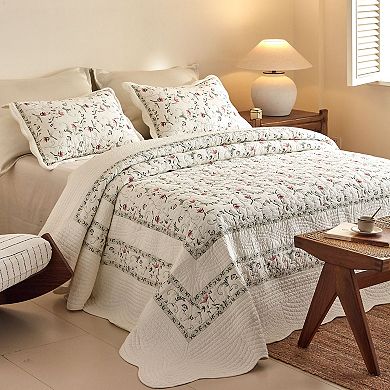 MarCielo 3Pcs 100% Cotton Embroidery Delicate Floral Quilt Bedspread Set