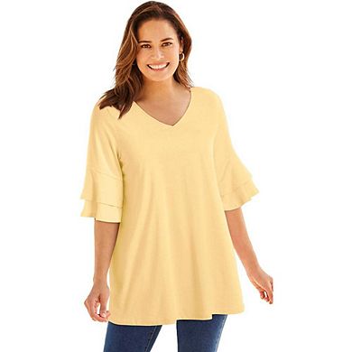 Woman Within Plus Size Ruffled Elbow-Sleeve Tunic