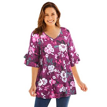Woman Within Plus Size Ruffled Elbow-Sleeve Tunic