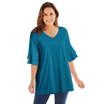 Woman Within Plus Size Ruffled Elbow-Sleeve Tunic