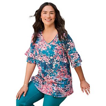 Woman Within Plus Size Ruffled Elbow-Sleeve Tunic