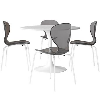 LeisureMod Bristol 5 pc Dining Set Round Dining Table, 4 Plastic Dining Chairs White Legs