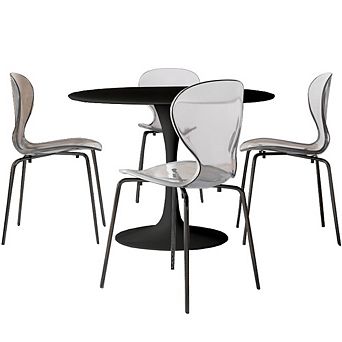 LeisureMod Bristol 5 pc Dining Set Round Dining Table, 4 Plastic Dining Chairs Black Legs