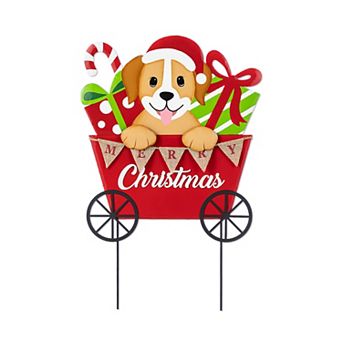 Glitzhome 24"H Metal Christmas Yard Stake, Dog and Gift Cart Wall Decor