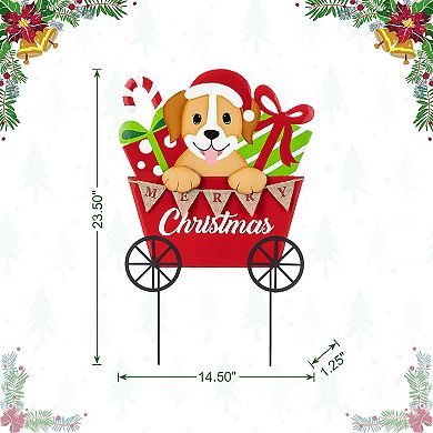 Glitzhome 24"H Metal Christmas Yard Stake, Dog and Gift Cart Wall Decor