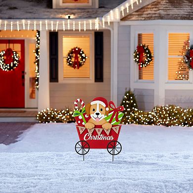 Glitzhome 24"H Metal Christmas Yard Stake, Dog and Gift Cart Wall Decor