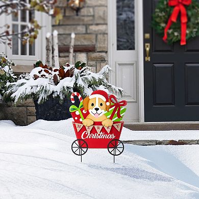Glitzhome 24"H Metal Christmas Yard Stake, Dog and Gift Cart Wall Decor
