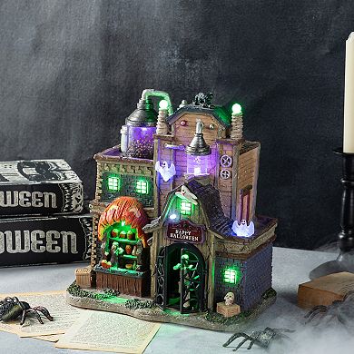 Glitzhome 11"H Lighted Resin Table Village Decor, Halloween Haunted House Decor, Tabletop Decoration