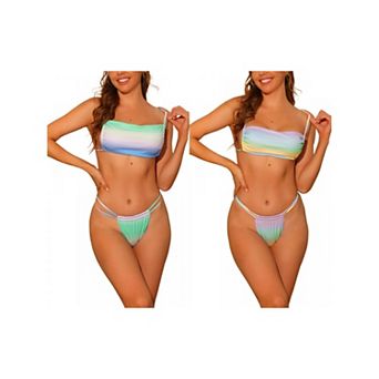 2 Sets Women's Gradient Colorful Bikini Sets, Lace Up Bandeau Bathing Suit Swimsuit Swimwear