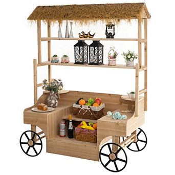 Vintiquewise Versatile Multi-Tier Shelves Wooden Rolling Cart with Straw Roof and 2 Black Wheels