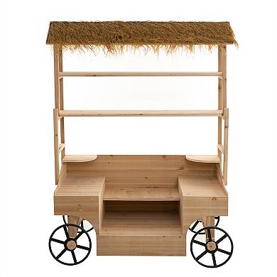 Vintiquewise Versatile Multi-Tier Shelves Wooden Rolling Cart with Straw Roof and 2 Black Wheels