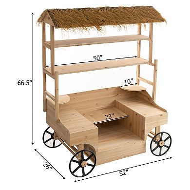 Vintiquewise Versatile Multi-Tier Shelves Wooden Rolling Cart with Straw Roof and 2 Black Wheels