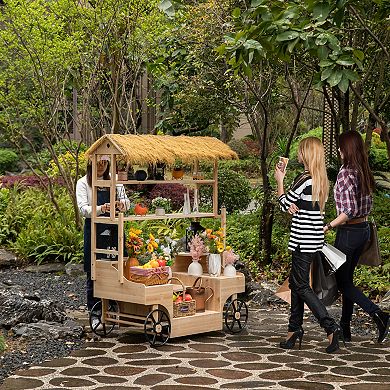 Vintiquewise Versatile Multi-Tier Shelves Wooden Rolling Cart with Straw Roof and 2 Black Wheels