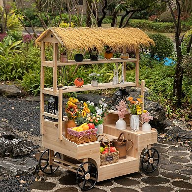 Vintiquewise Versatile Multi-Tier Shelves Wooden Rolling Cart with Straw Roof and 2 Black Wheels