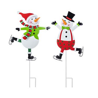 Glitzhome Set of 2 Skiing Snowmen Yard Stakes, 36"H Metal Christmas Wall Decor