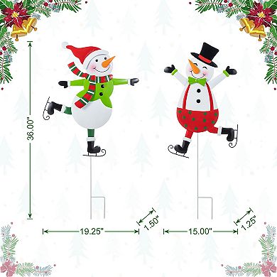 Glitzhome Set of 2 Skiing Snowmen Yard Stakes, 36"H Metal Christmas Wall Decor