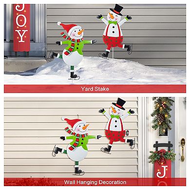 Glitzhome Set of 2 Skiing Snowmen Yard Stakes, 36"H Metal Christmas Wall Decor