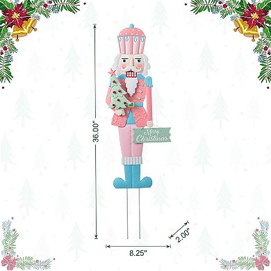 Glitzhome 36"H Pink Nutcracker Yard Stake, Durable Metal Christmas Wall Decor