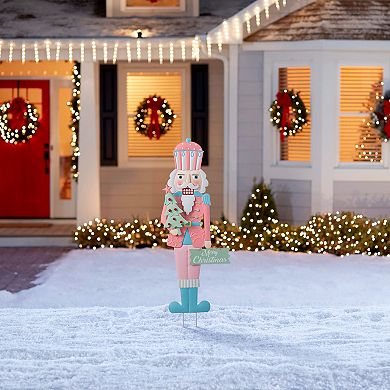 Glitzhome 36"H Pink Nutcracker Yard Stake, Durable Metal Christmas Wall Decor