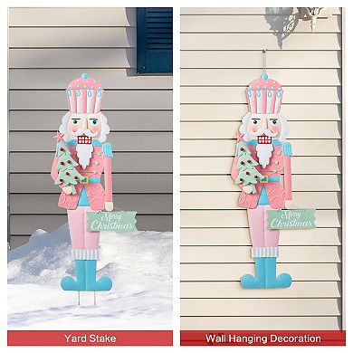 Glitzhome 36"H Pink Nutcracker Yard Stake, Durable Metal Christmas Wall Decor