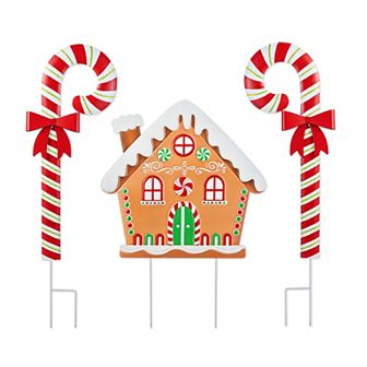 Glitzhome Set of 3 Metal Christmas Yard Stakes, 33"H Gingerbread House and Candy Cane Wall Decor