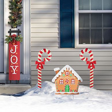 Glitzhome Set of 3 Metal Christmas Yard Stakes, 33"H Gingerbread House and Candy Cane Wall Decor