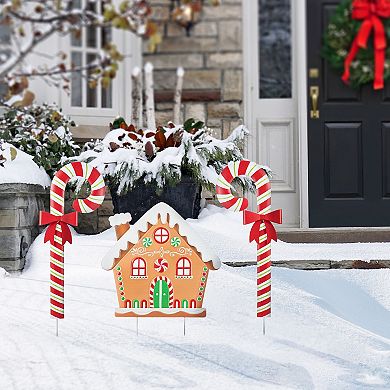 Glitzhome Set of 3 Metal Christmas Yard Stakes, 33"H Gingerbread House and Candy Cane Wall Decor