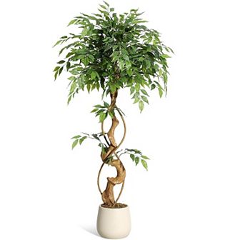 4FT Artificial Ficus Tree in Sturdy White Pot Indoor Faux Plant for Home & Office Decor