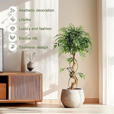 4FT Artificial Ficus Tree in Sturdy White Pot Indoor Faux Plant for Home & Office Decor