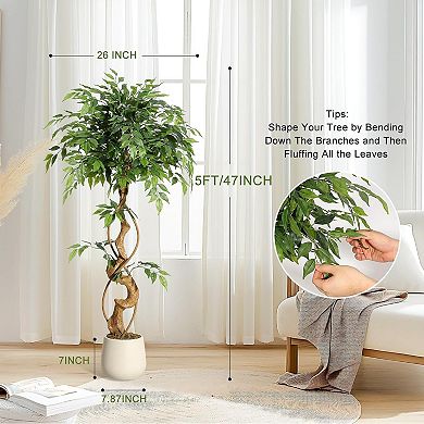 4FT Artificial Ficus Tree in Sturdy White Pot Indoor Faux Plant for Home & Office Decor