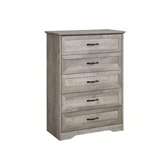 Wood Dresser with 5 Drawers, Tall Storage Cabinet with Large Drawers & Metal Handles,Gray