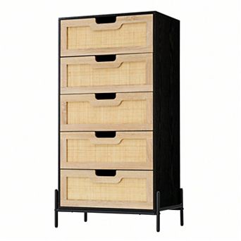 Natural Rattan 5 Drawer Dresser with Silent Slides and Anti-Tip Design for Bedroom &Kids Room,Black