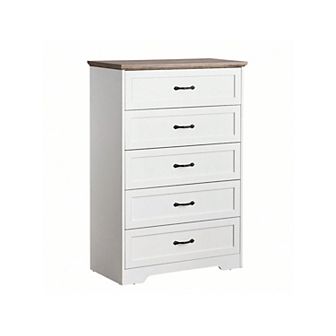 Wood Dresser with 5 Drawers, Tall Storage Cabinet with Large Drawers & Metal Handles,Brown