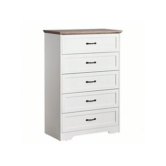 Wood Dresser with 5 Drawers, Tall Storage Cabinet with Large Drawers & Metal Handles,Brown