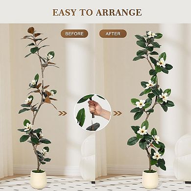 7FT Artificial Fiddle Leaf Fig Tree with Magnolia Flowers in White Pot Indoor & Outdoor