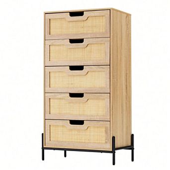 Natural Rattan 5 Drawer Dresser with Silent Slides and Anti-Tip Design for Bedroom &Kids Room,Brown