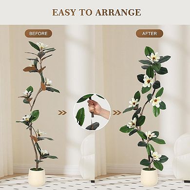 5FT Artificial Fiddle Leaf Fig Tree with Magnolia Flowers in White Pot Indoor & Outdoor
