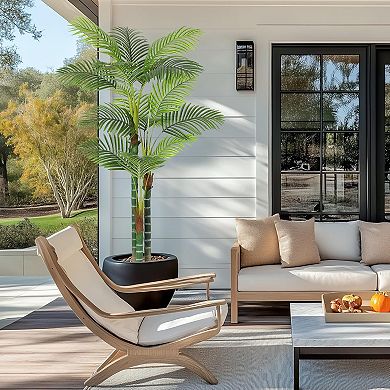 6FT Faux Tall Palm Tree, Triple Golden Cane with White Round Planter & Moss 2 Pack