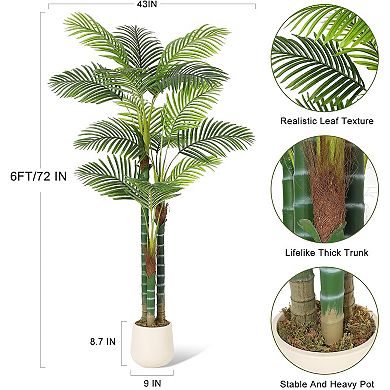 6FT Faux Tall Palm Tree, Triple Golden Cane with White Round Planter & Moss 2 Pack