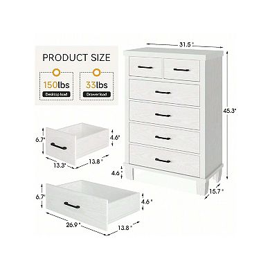 Modern 6-Drawer Grey Wooden Dresser, 45" Tall Chest with Large Storage for Bedroom & Entryway,White