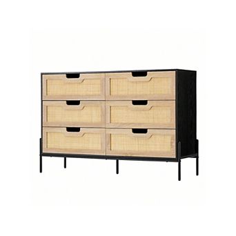 Rattan 6 Drawer Dresser with Metal Legs, Modern Farmhouse Storage for Bedroom & Living Room, Black