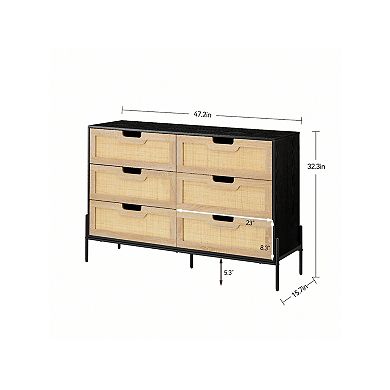 Rattan 6 Drawer Dresser with Metal Legs, Modern Farmhouse Storage for Bedroom & Living Room, Black