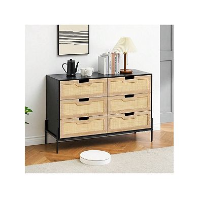 Rattan 6 Drawer Dresser with Metal Legs, Modern Farmhouse Storage for Bedroom & Living Room, Black