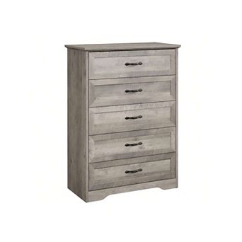Wood Dresser with 5 Drawers, Tall Storage Cabinet with Large Drawers & Metal Handles,Gray+Brown