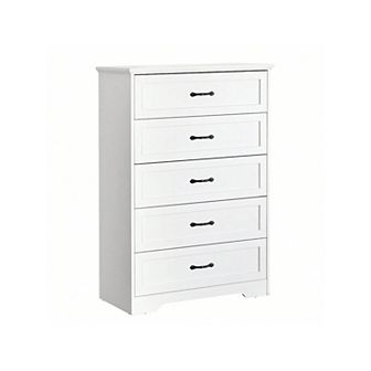 Wood Dresser with 5 Drawers, Tall Storage Cabinet with Large Drawers & Metal Handles,White