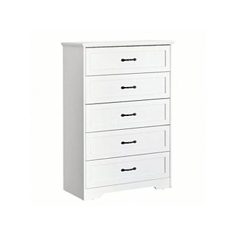 Wood Dresser with 5 Drawers, Tall Storage Cabinet with Large Drawers & Metal Handles,White