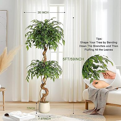 5FT Artificial Ficus Tree in Sturdy White Pot Indoor Faux Plant for Home & Office Decor
