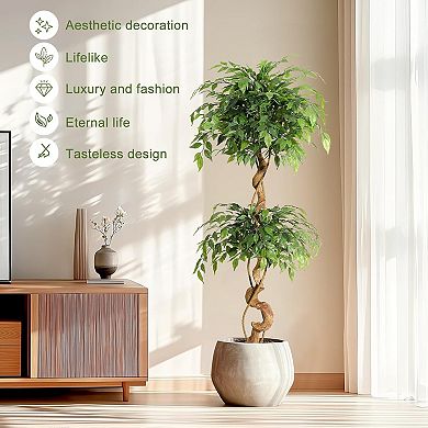 5FT Artificial Ficus Tree in Sturdy White Pot Indoor Faux Plant for Home & Office Decor