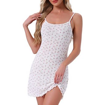 Women Nightgown Spaghetti Strap Sleeveless Ruffle Hem Sleep Dress Pointelle Lingerie Mini Nightshirt