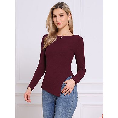 Women's Long Sleeve Boat Neck Fall Winter Irregular Hem Long Sleeve Casual Pullover Sweater Shirts